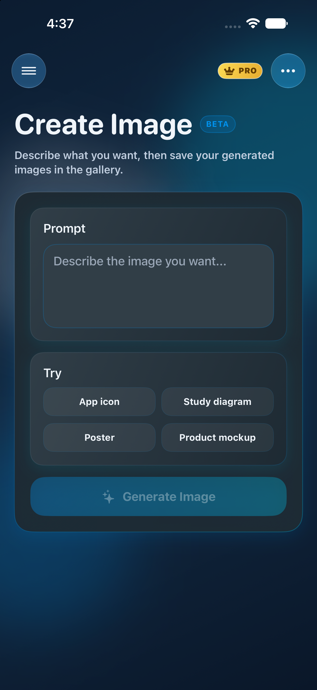 SimplifAI Create Image screen with a prompt field and quick-start suggestions