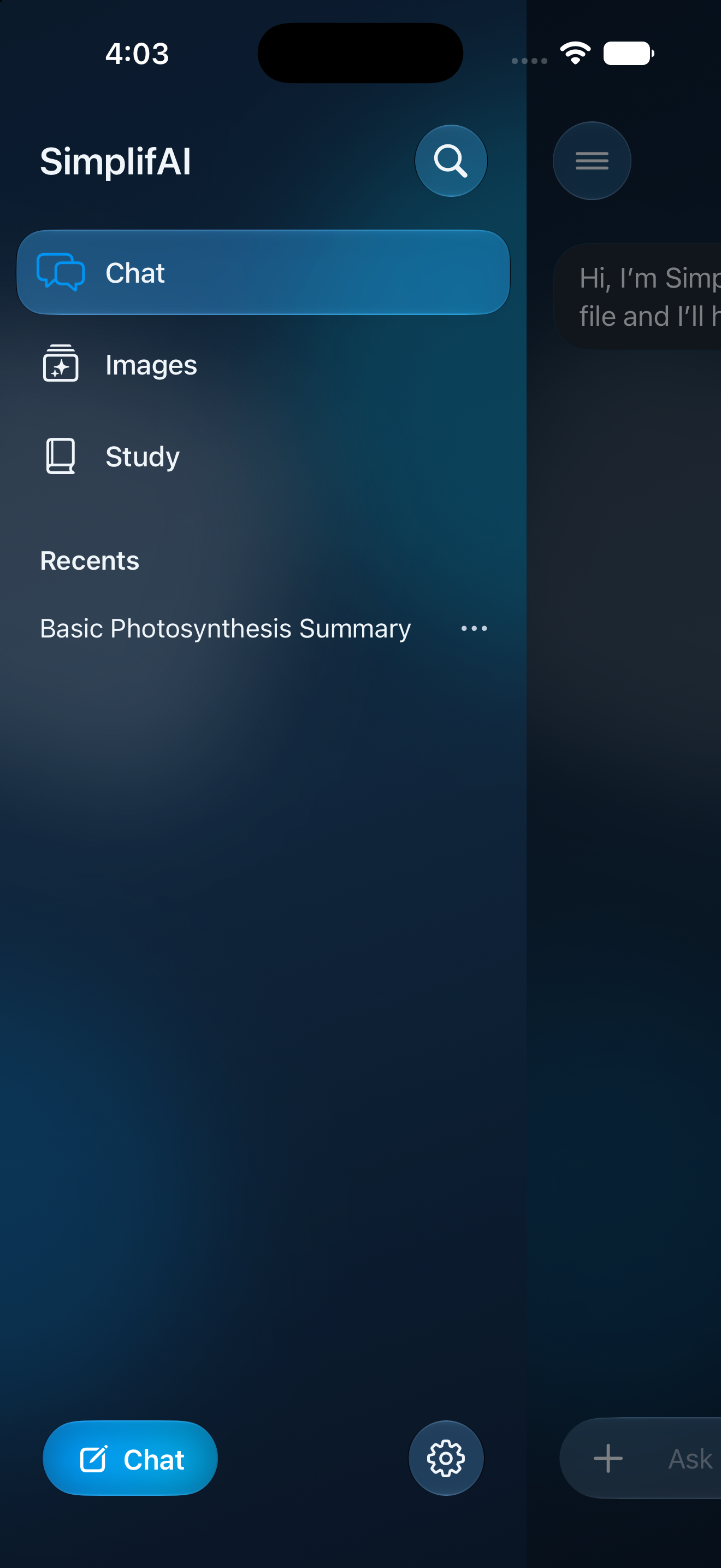 SimplifAI home screen with browse options, search, Pro badge, and recent saved chats
