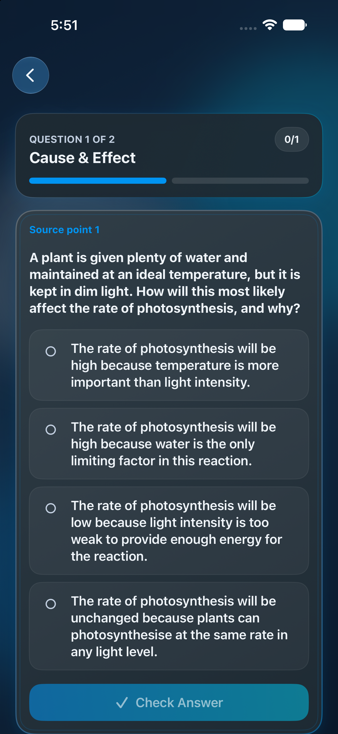 SimplifAI quiz question screen