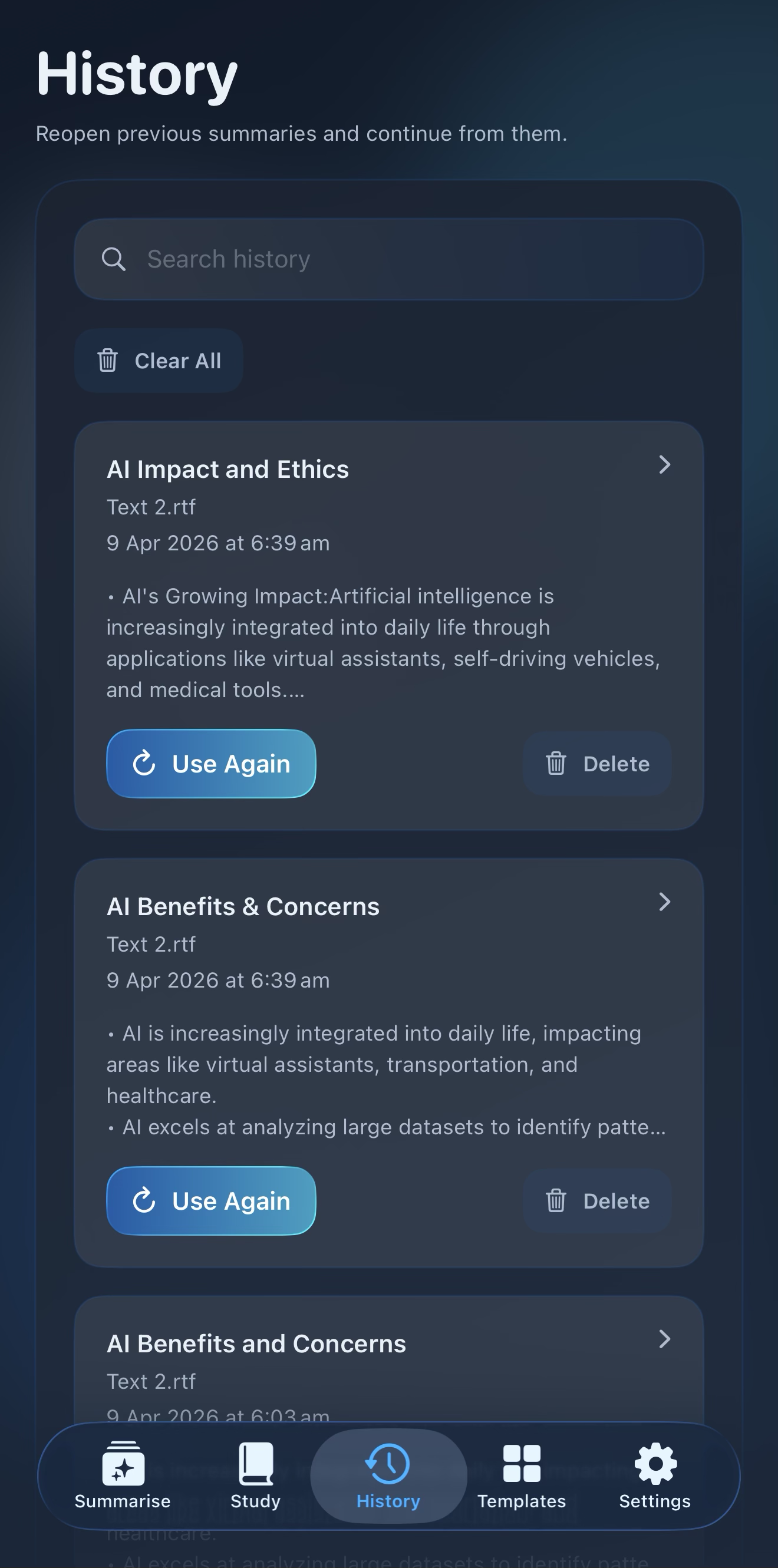 SimplifAI history screen