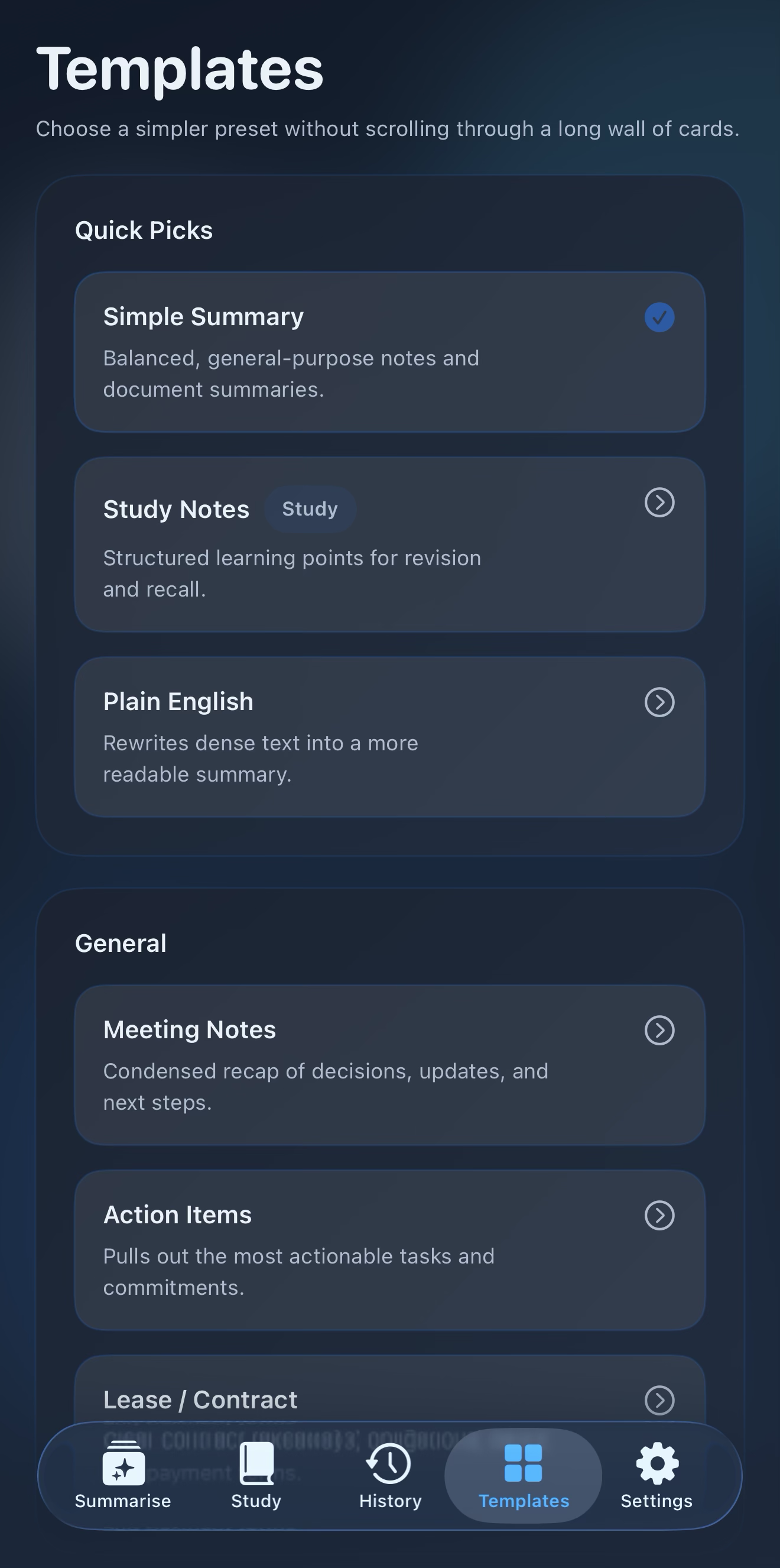 SimplifAI templates screen