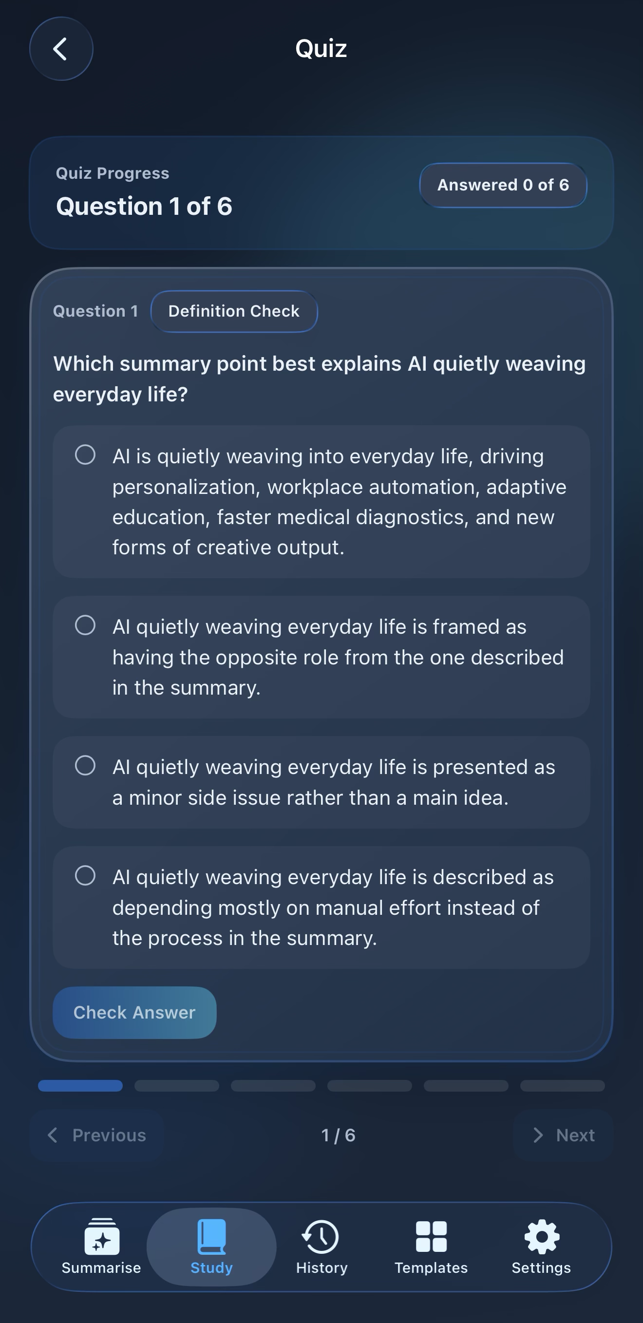 SimplifAI quiz question screen