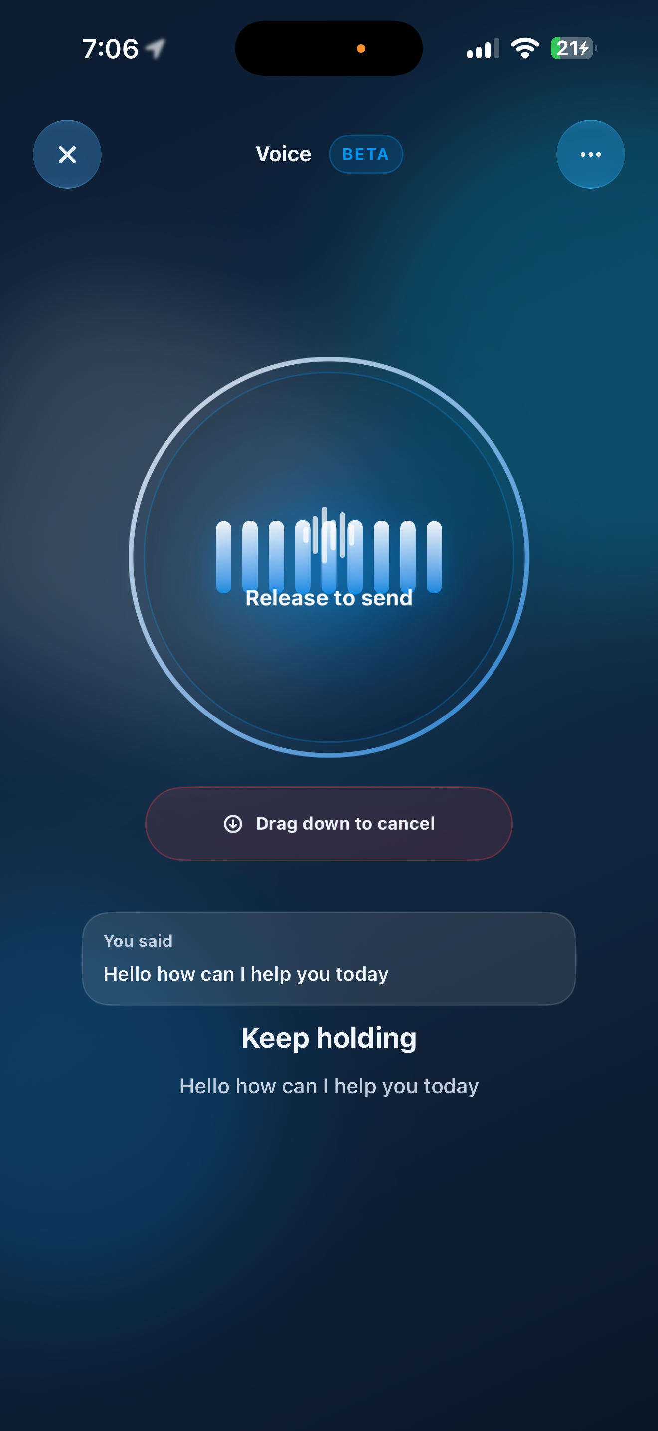 SimplifAI Voice Assistant screen showing captured speech and release-to-send state