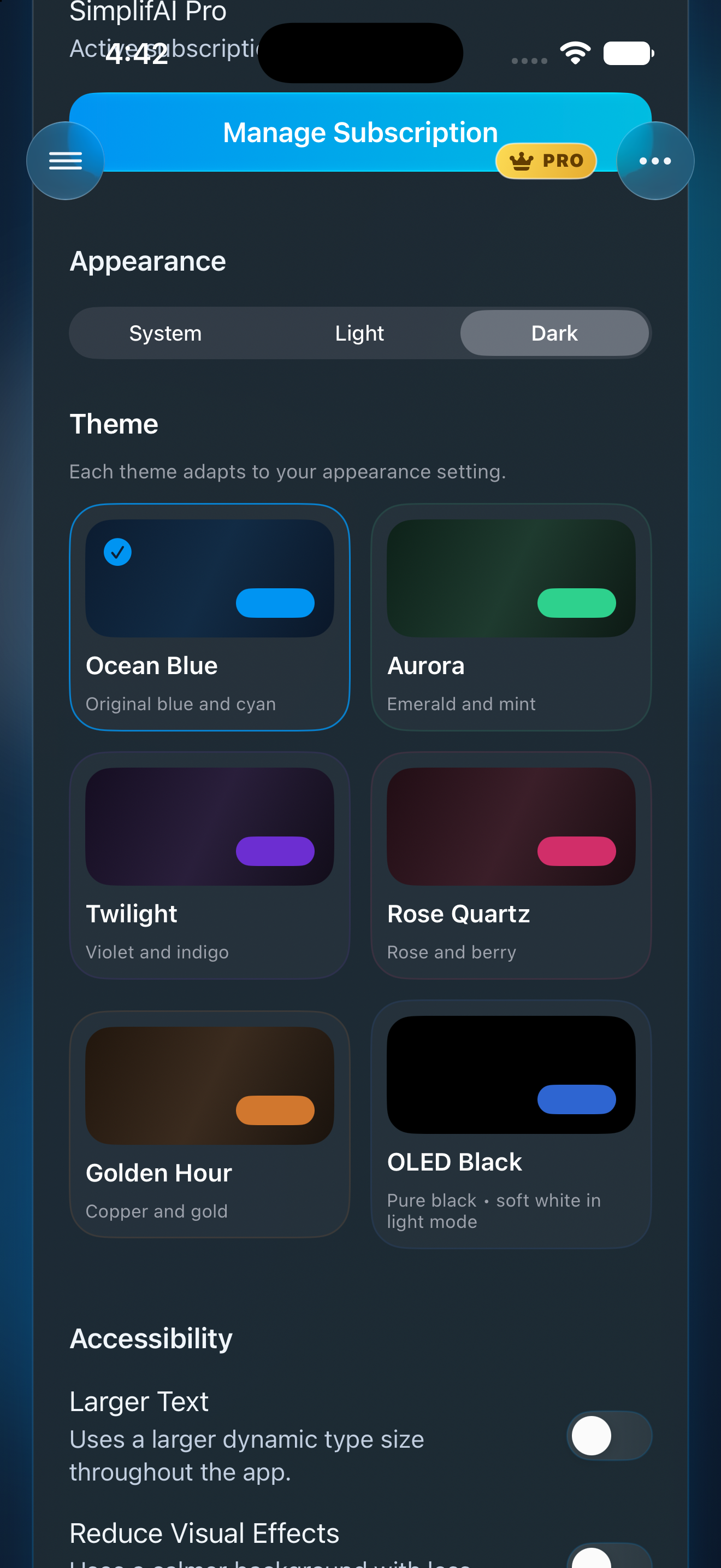 SimplifAI Settings screen showing the six available color themes