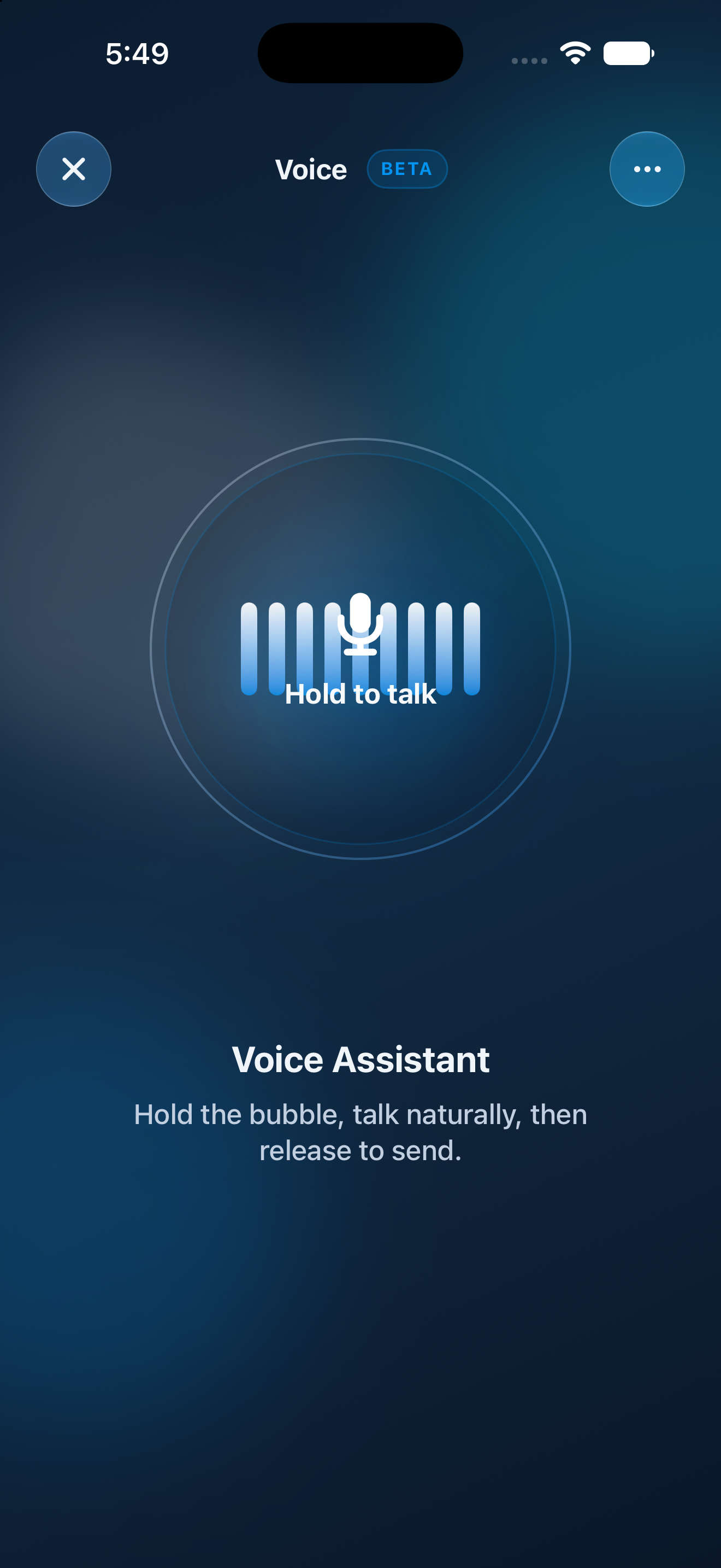 SimplifAI Voice Assistant screen with hold-to-talk microphone bubble